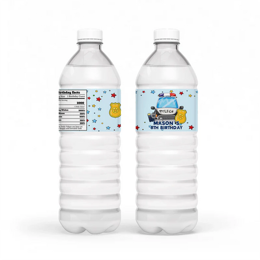 Kids police water bottle label with cartoon police car wrap design on white background