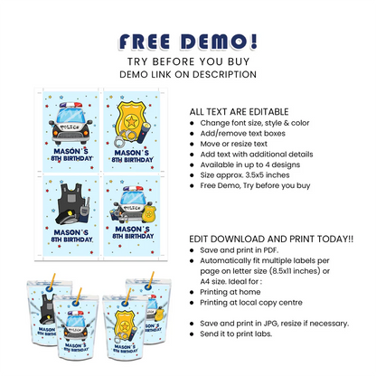 Kids Police Juice Pouch Label Custom Birthday Party Decoration