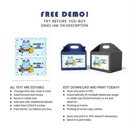 Kids Police Treat Box Label Personalized Party Favor Wrappers