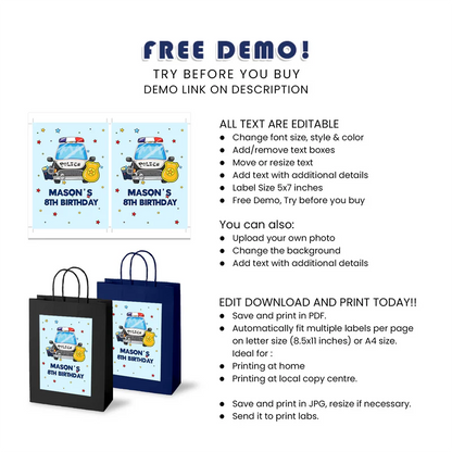 Kids Police Goodie Bag Label Custom Birthday Party Supplies