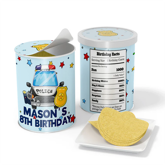 Kids police small Pringles label with cartoon police car design on cylinder wrap