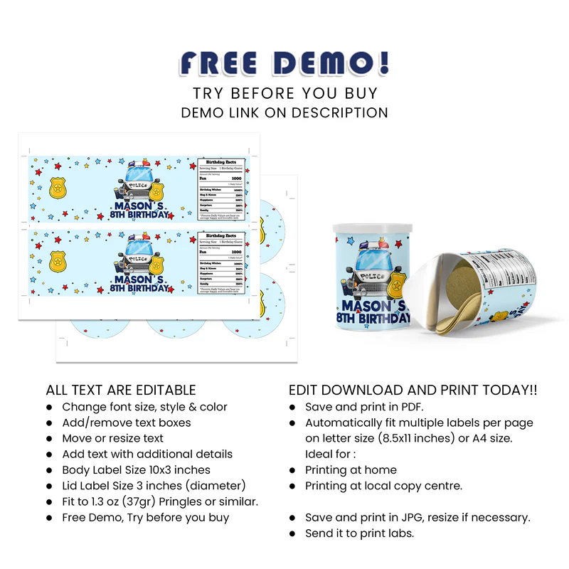 Kids Police Small Pringles Label Personalized Party Snack Wrap