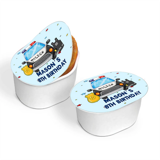 Kids police mini Pringles label with blue police theme and editable details
