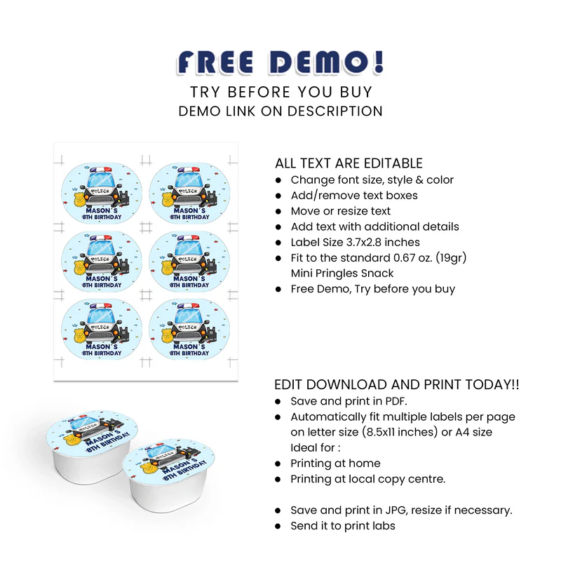 Kids Police Mini Pringles Label Custom Party Favor Wrappers