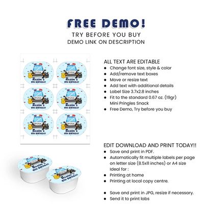 Kids Police Mini Pringles Label Custom Party Favor Wrappers