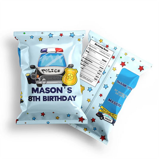 Kids police chips bag label with police car design and customizable child name