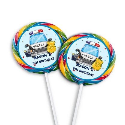 Kids police lollipop label with cartoon police badge and editable thank you text