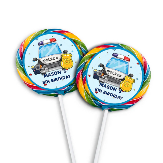 Kids police lollipop label with cartoon police badge and editable thank you text
