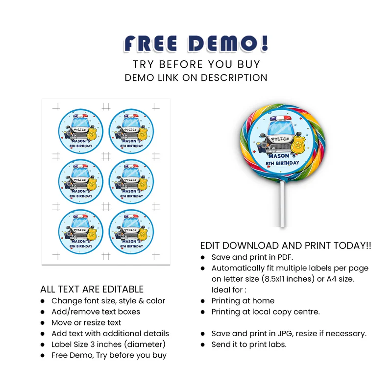 Kids Police Lollipop Label Personalized Party Favor Decoration