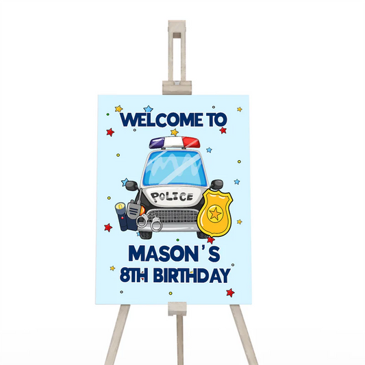 Kids police welcome sign with cartoon police badge and editable birthday text