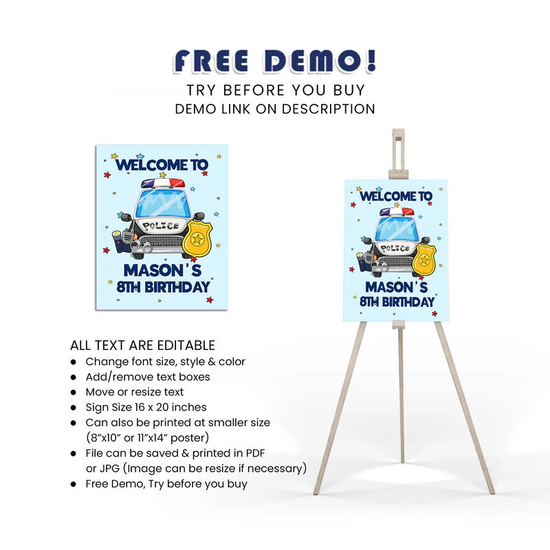 Kids Police Welcome Sign Custom Birthday Party Entrance Decor