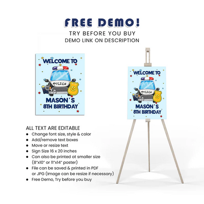 Kids Police Welcome Sign Custom Birthday Party Entrance Decor
