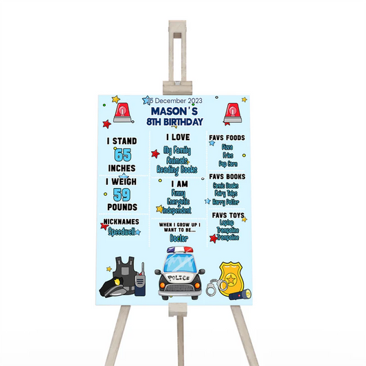 Kids police milestone poster with personalized stats and police badge graphics