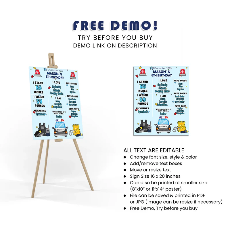 Kids Police Milestone Poster Personalized Birthday Party Board