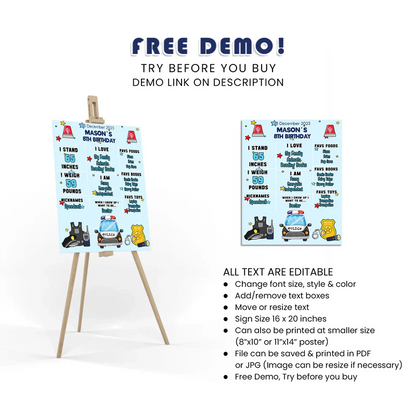 Kids Police Milestone Poster Personalized Birthday Party Board