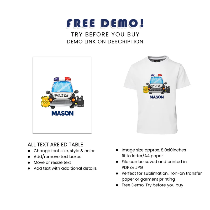 Kids Police Sublimation T-Shirt Custom Birthday Party Outfit