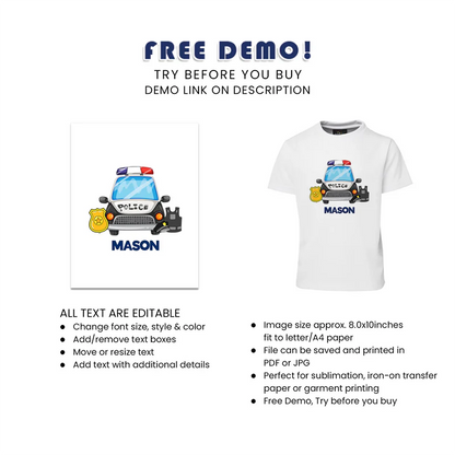 Kids Police Sublimation T-Shirt Custom Birthday Party Outfit