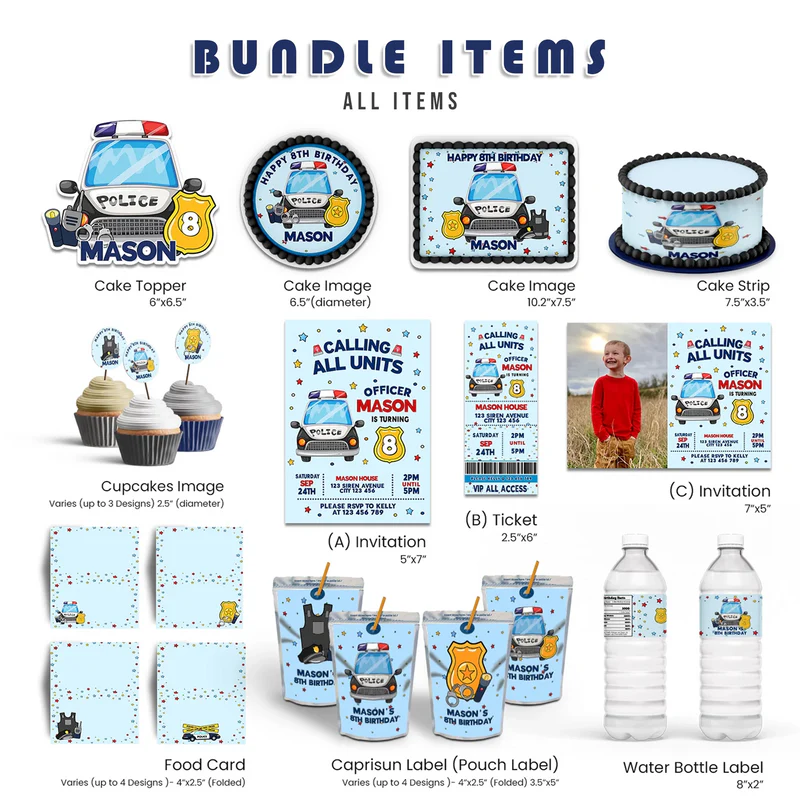 Kids police party pack bundle with personalized decorations flat lay on white background