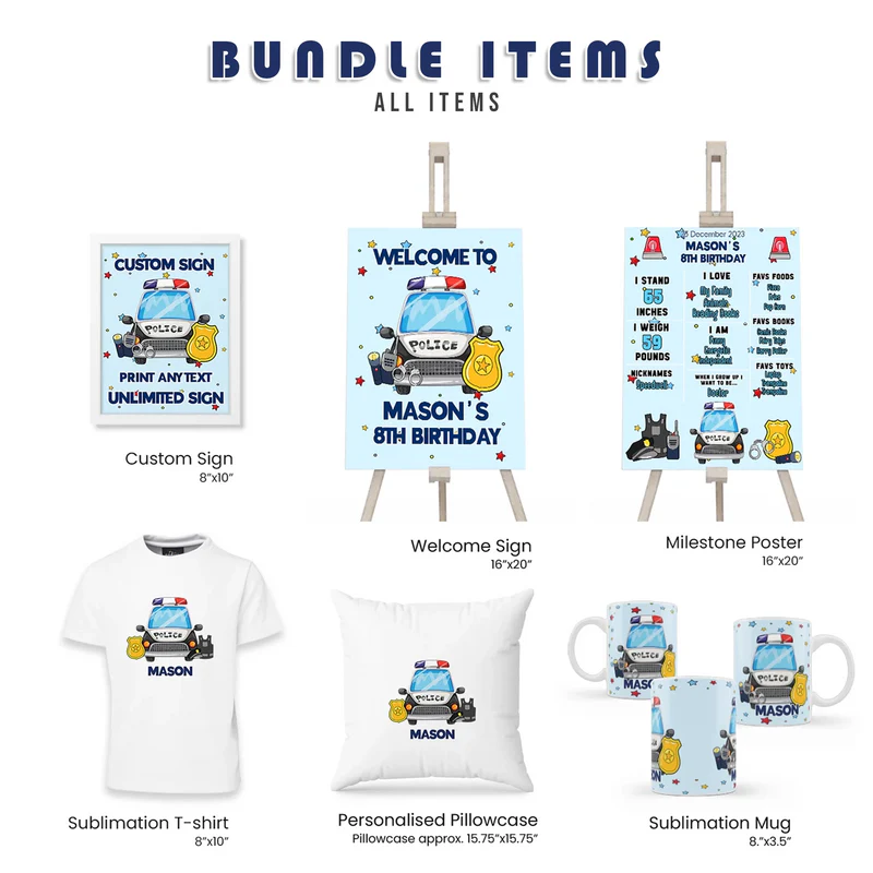 Kids Police Party Pack Bundle Personalized Digital Template