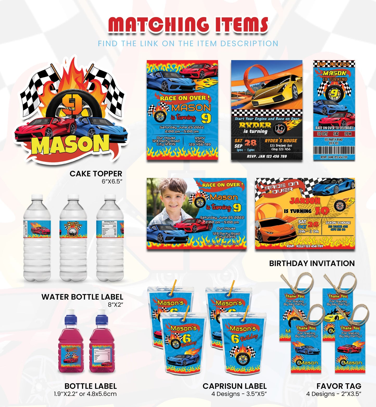 Race Car Personalized Digital Template Party Pack with editable racing themed decorations and printables