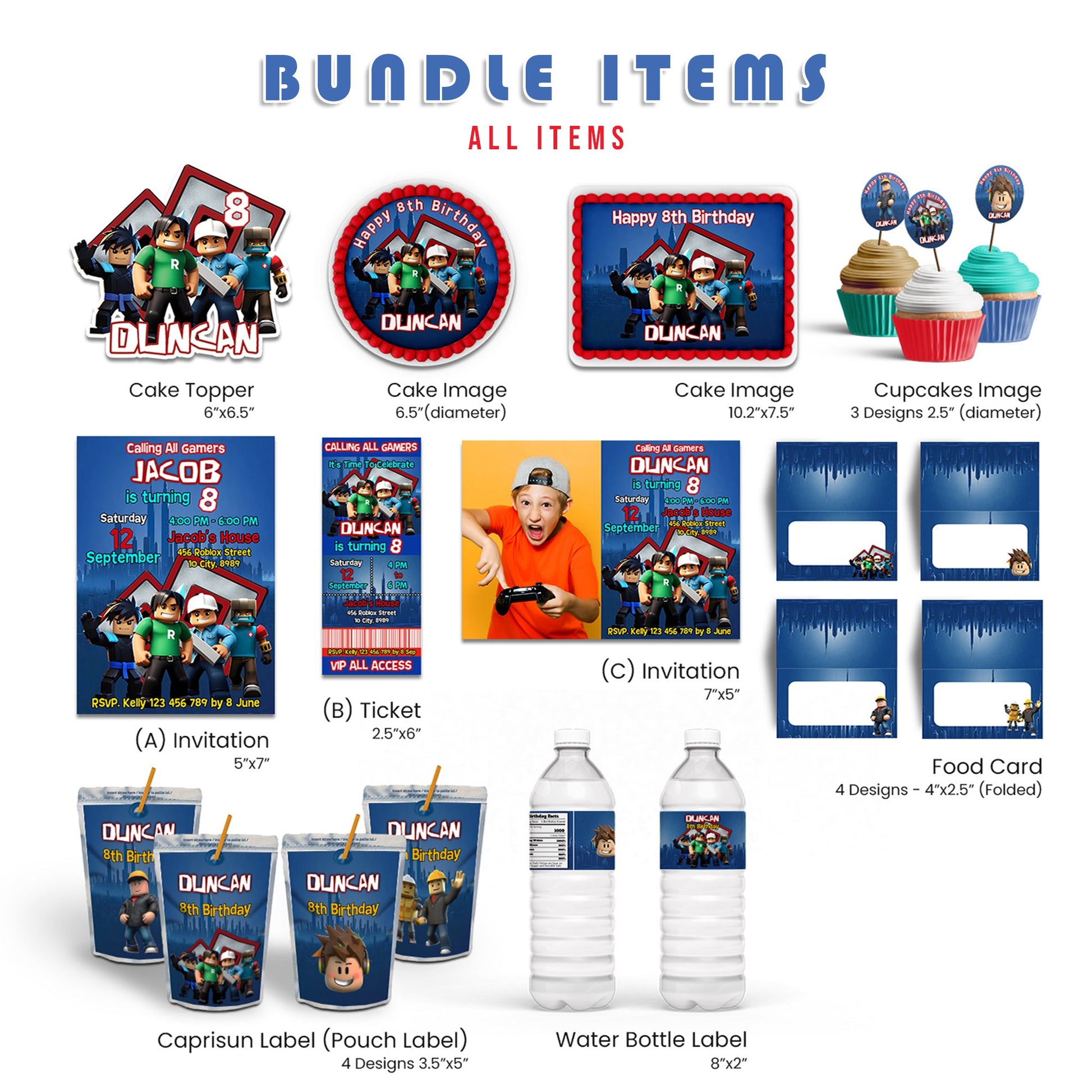 Roblox Personalized Digital Template Party Pack with editable decorations and printable designs