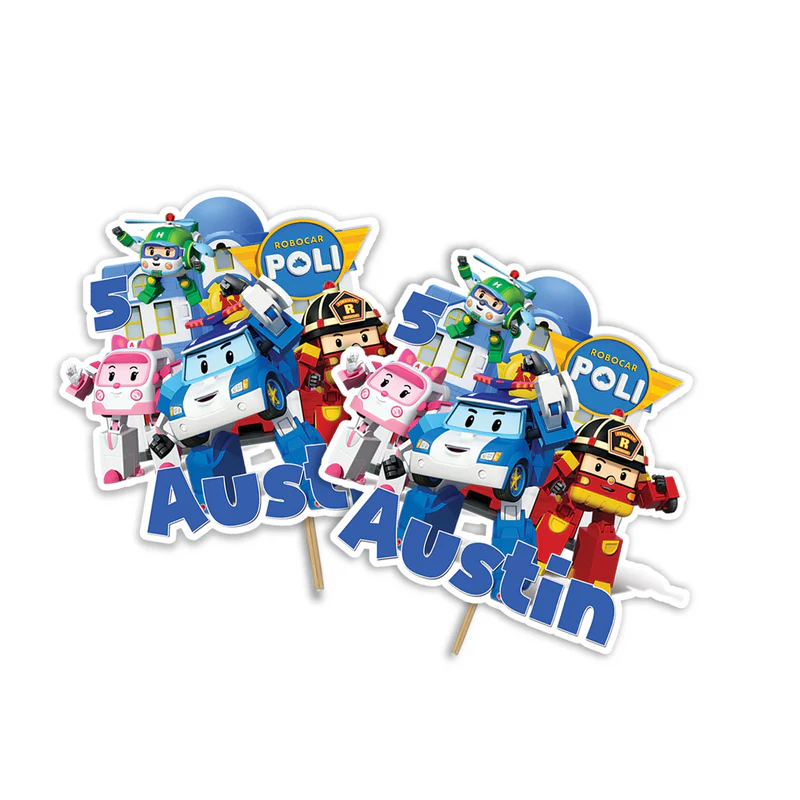 Robocar POLI cake toppers with character cutouts and bright graphics on white background