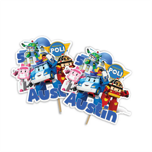 Robocar POLI cake toppers with character cutouts and bright graphics on white background