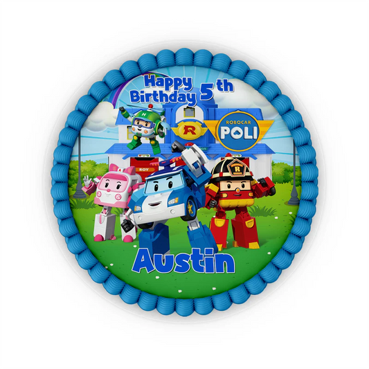 Robocar POLI icing sheet cake images in full color with characters and logo on white background