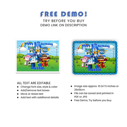Robocar POLI Sheet Topper - Edible Personalized Cake Decoration