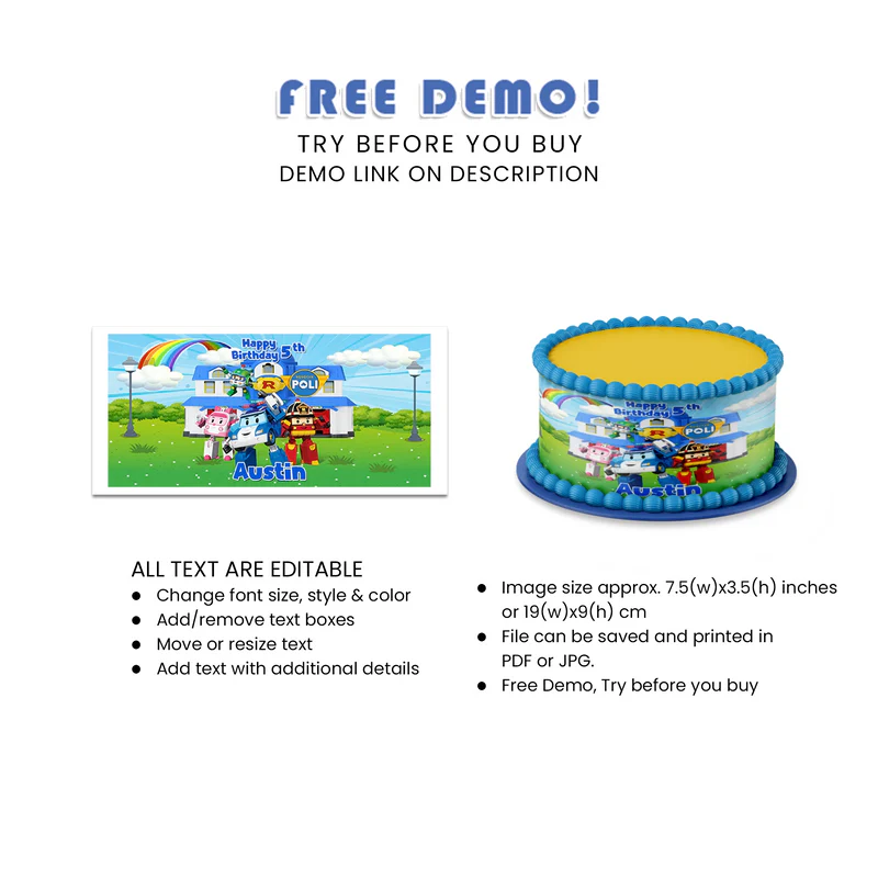 Robocar POLI Cake Strips - Custom Edible Birthday Cake Wrap Topper