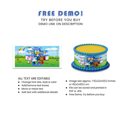 Robocar POLI Cake Strips - Custom Edible Birthday Cake Wrap Topper