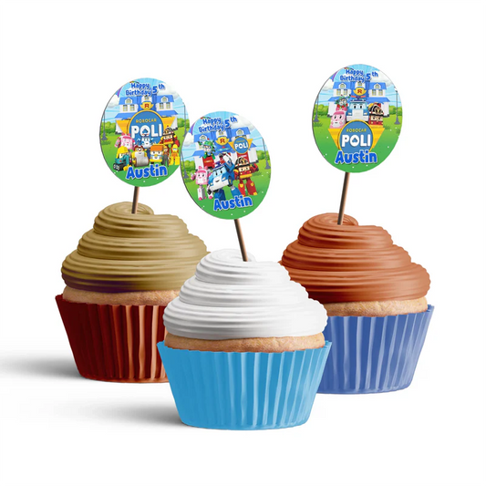 Robocar POLI cupcake toppers featuring character faces and bright borders on a clean background