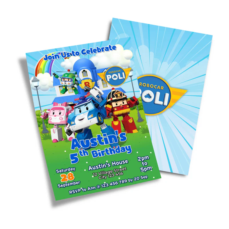 Robocar POLI birthday invitations with cartoon graphics and editable text in a flat lay format