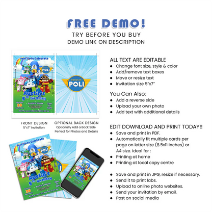 Robocar POLI Invitations - Custom Birthday Card Invite for Kids