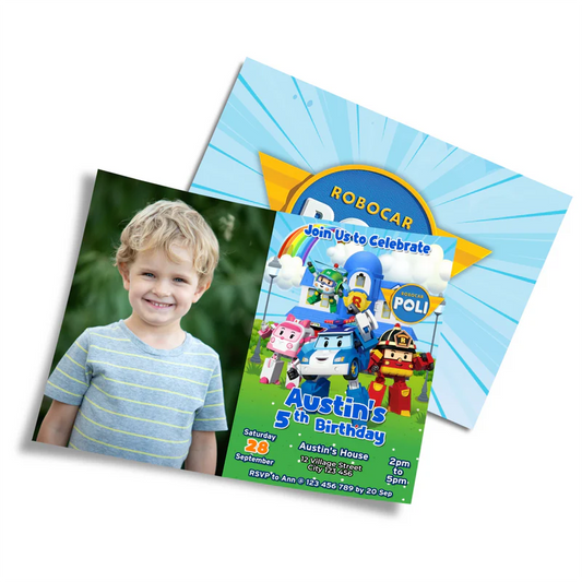 Robocar POLI photo invitations with personalized name and picture area in blue and red tones