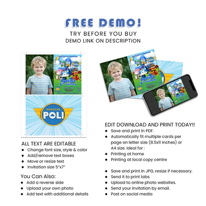 Robocar POLI Photo Invitations - Personalized Party Card for Girls