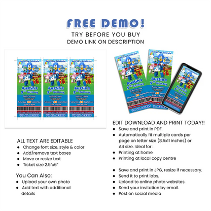 Robocar POLI Ticket Invitations - Custom Birthday Admit Pass