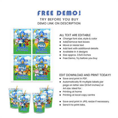 Robocar POLI Juice Label - Personalized Juice Pouch Stickers