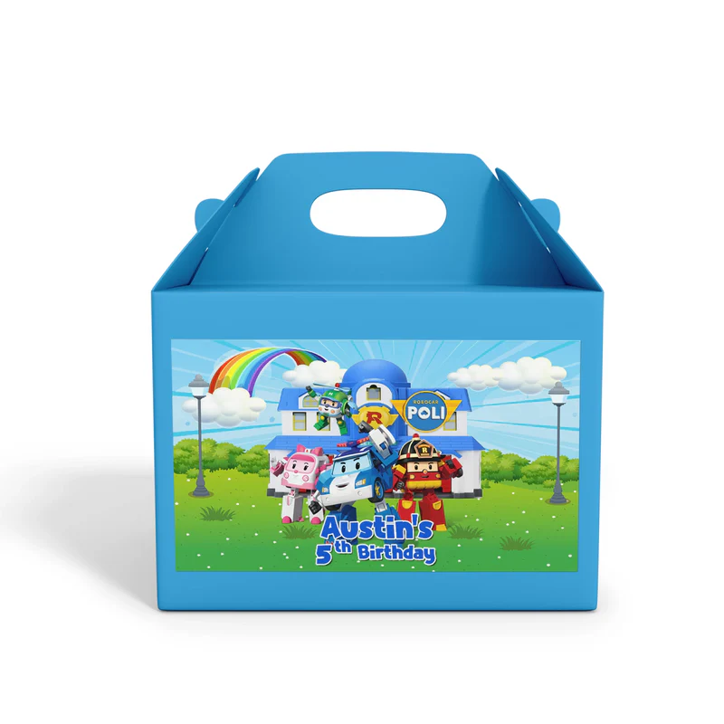 Robocar POLI treat box labels in matching theme with colorful accents and editable section