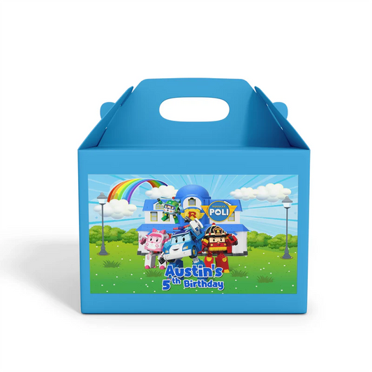 Robocar POLI treat box labels in matching theme with colorful accents and editable section