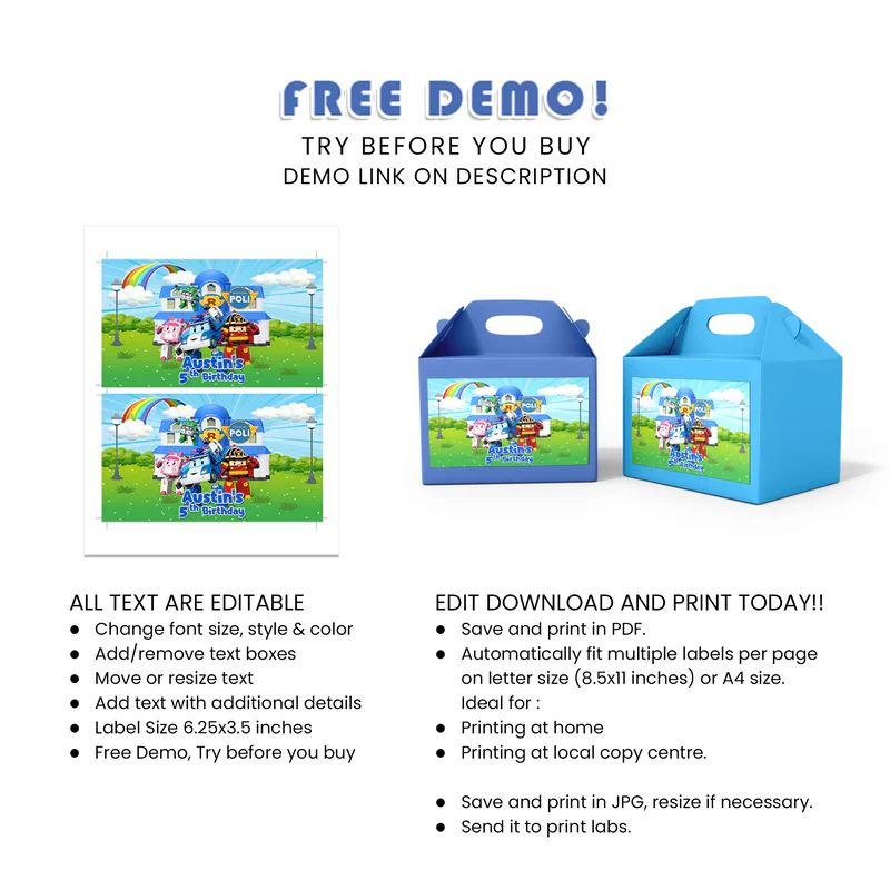 Robocar POLI Treat Box Label - Custom Party Favor Box Stickers