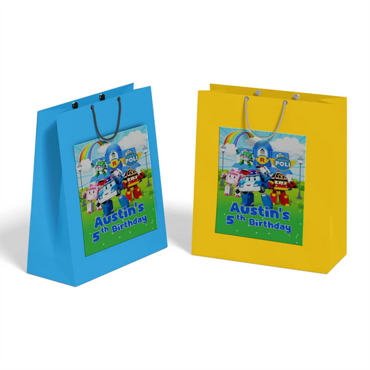 Robocar POLI goodie bag labels in character style with bright color blocks and clean layout