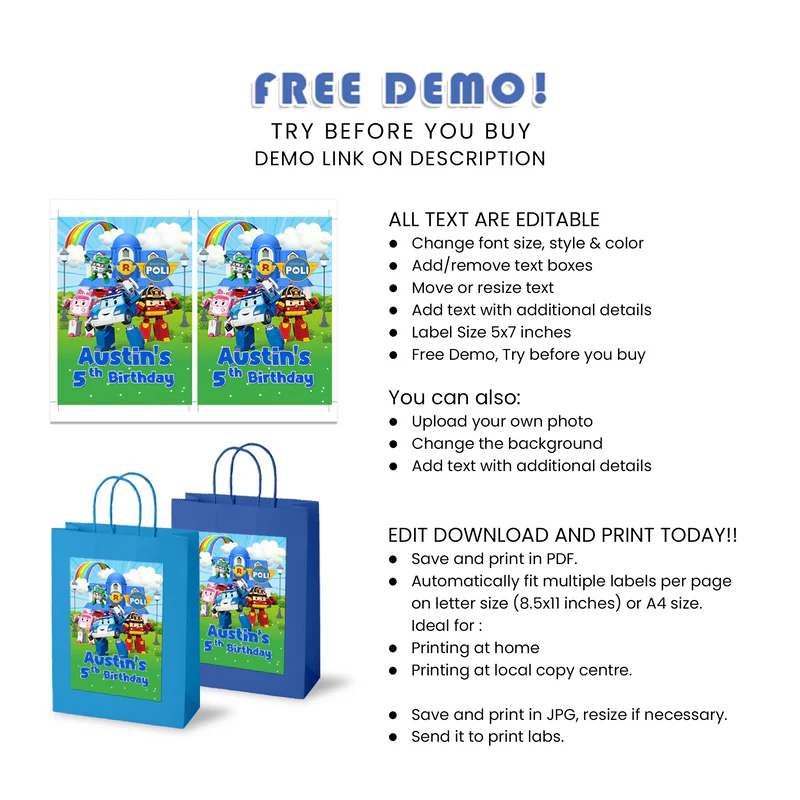 Robocar POLI Goodie Bag Label - Personalized Gift Bag Sticker Tags