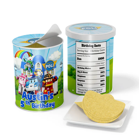 Robocar POLI small Pringles labels with themed wrapper design and editable text on white background