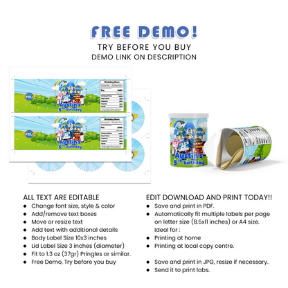 Robocar POLI Small Pringles - Custom Chip Can Birthday Labels