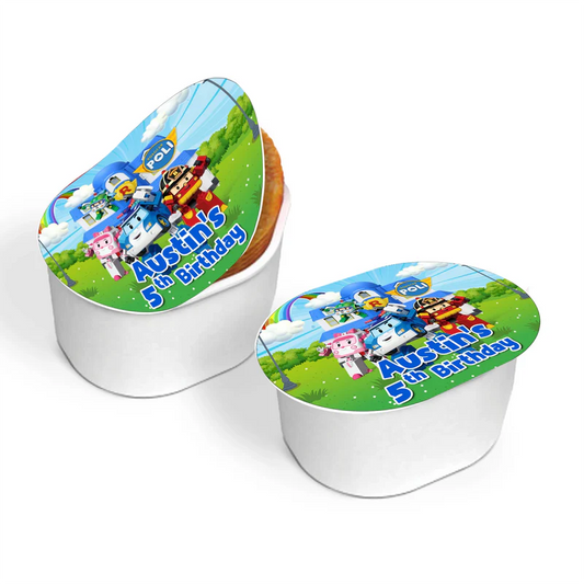 Robocar POLI mini Pringles wrapper label with playful design in themed party colors