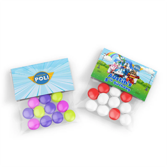 Robocar POLI treat bag toppers with foldable character banner and editable area in bright colors