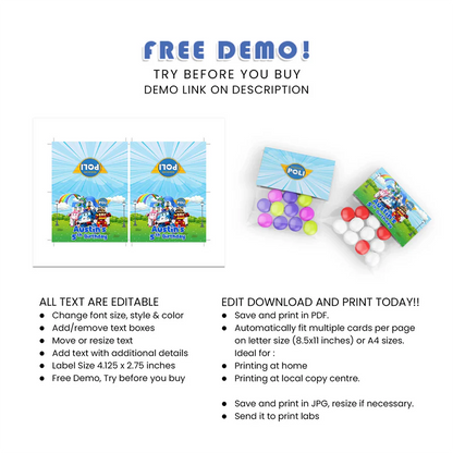 Robocar POLI Treat Topper - Custom Bag Header Label for Treats