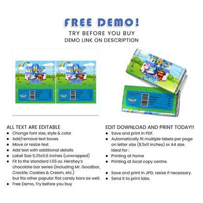 Robocar POLI Chocolate Label - Custom Candy Bar Party Stickers