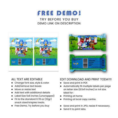 Robocar POLI Snack Label Set - Krispies & Candy Bar Wrap Printables